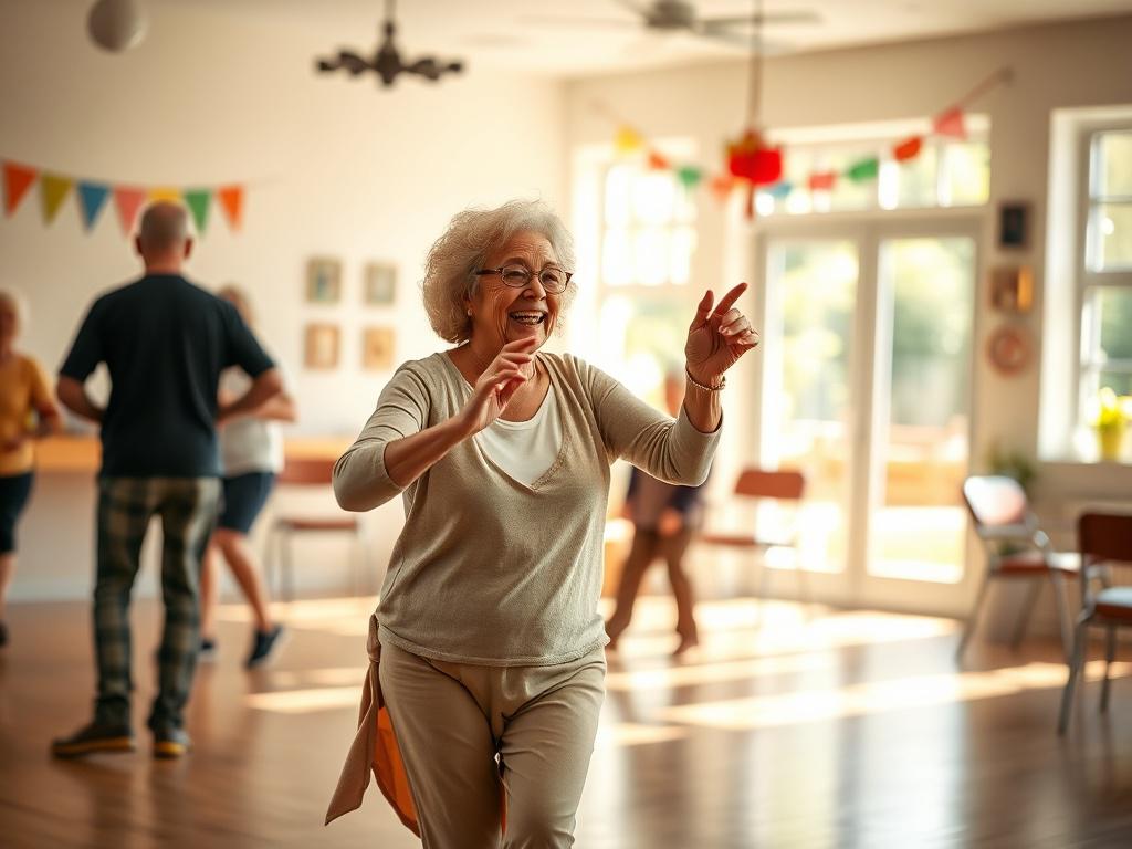 A senior woman joyfully dancing in a bright, spacious community center, with gentle lighting and soft tones. She is smiling and wearing comfortable dance attire, surrounded by a peaceful atmosphere. The background features colorful decorations and a large window letting in natural light.