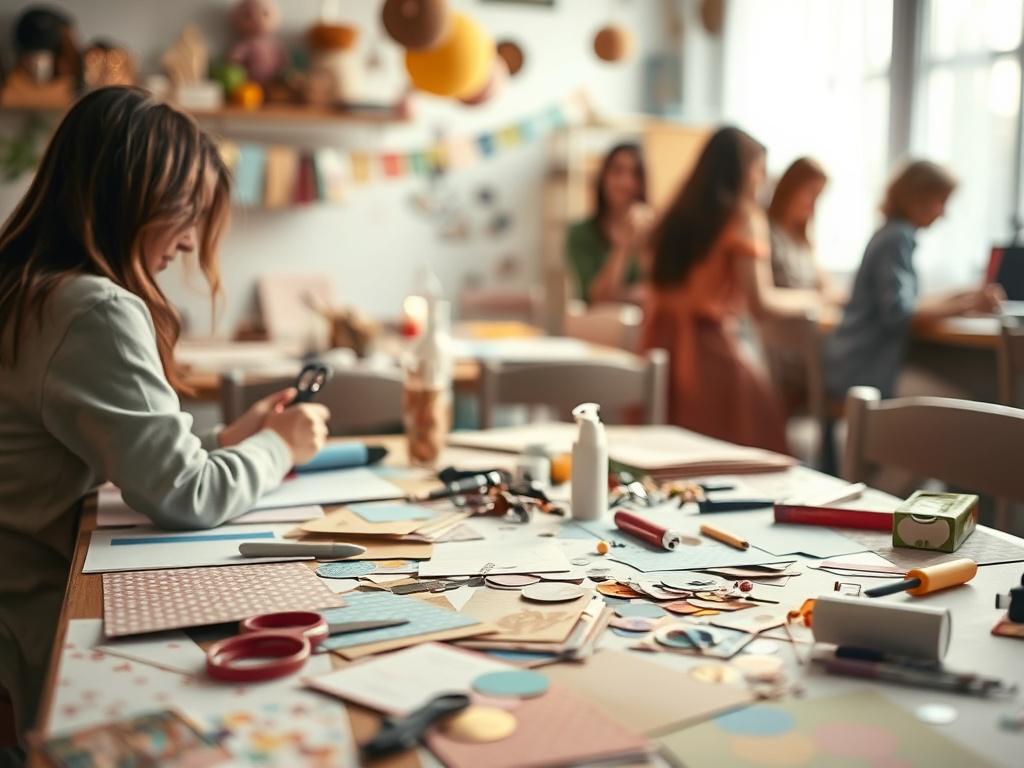 A realistic high-resolution photo of a cozy scrapbooking workshop scene. The focus is on a single table covered with colorful scrapbooking materials: patterned papers, scissors, glue, and various embellishments. Soft lighting creates a warm atmosphere, and a blurred background shows a few people happily engaged in scrapbooking, surrounded by vibrant decorations. The color palette includes soft tones harmonized with a gentle atmosphere.