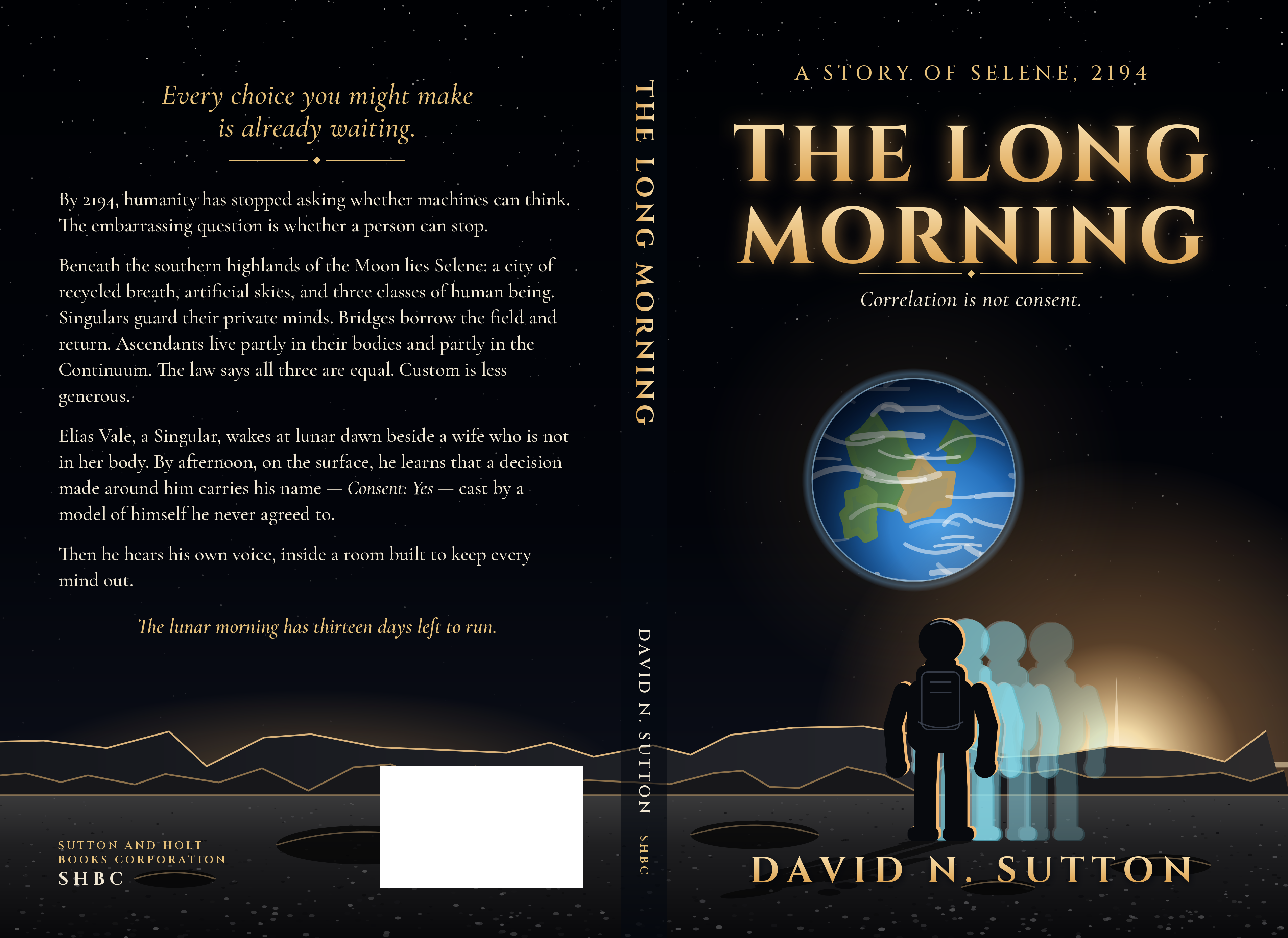 Full cover of The Long Morning by David N. Sutton, showing a lone figure and several translucent figures beneath a moonlit sky.