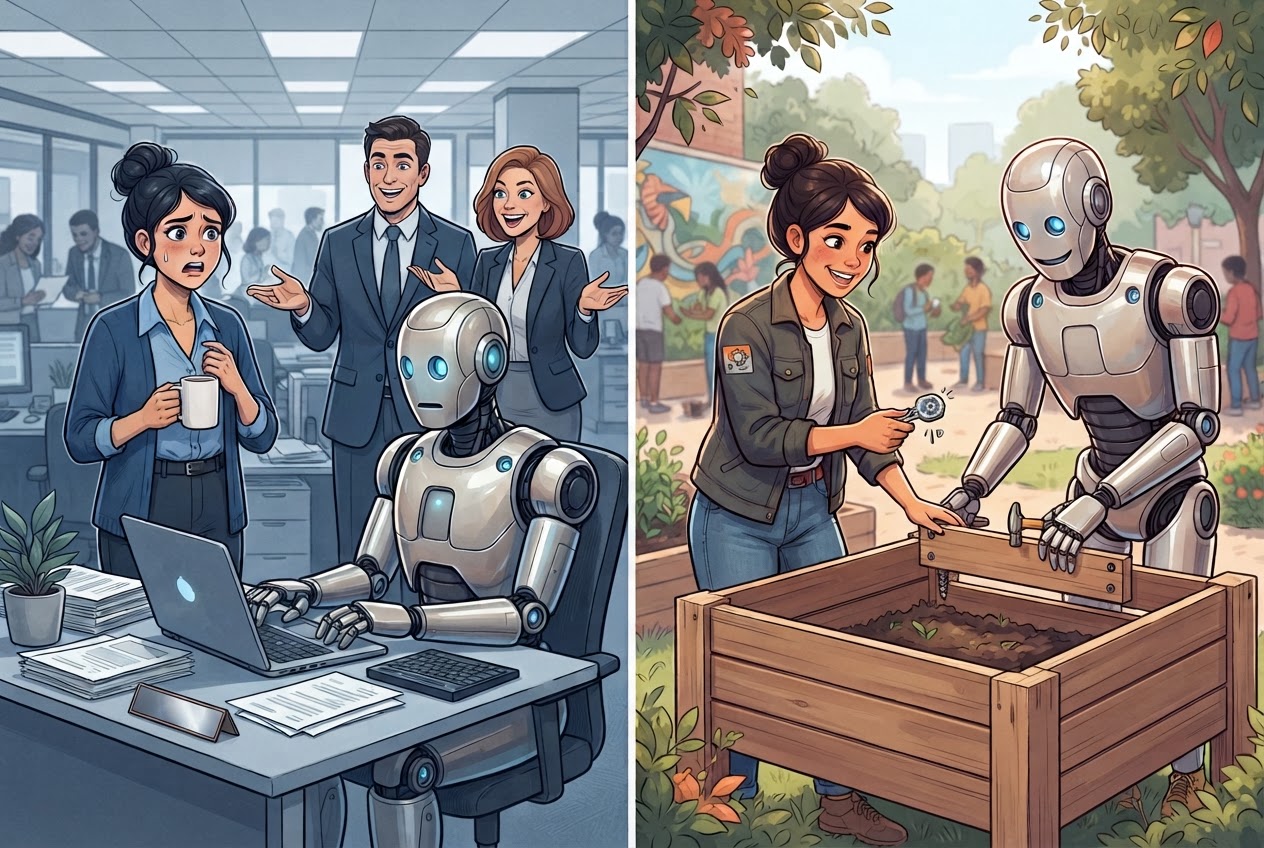 Editorial meme: a corporation replaces an office worker with a humanoid robot, while a second scene shows a person and a robot collaborating on a community project.