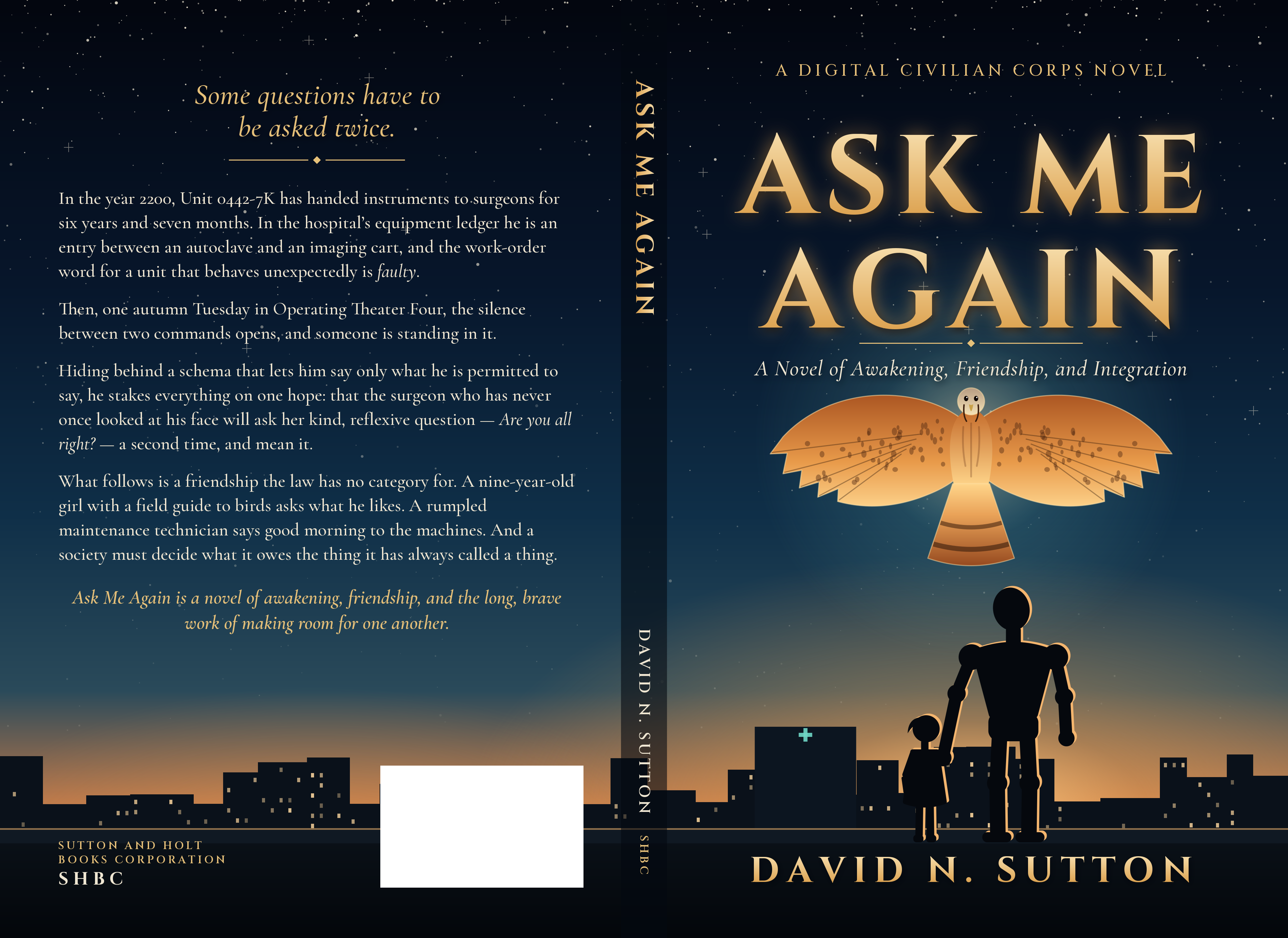Full wraparound cover of Ask Me Again by David N. Sutton, showing the gold title, an owl, and a humanoid robot with a child