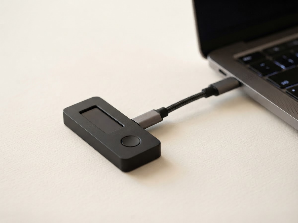 A hardware wallet connected to a laptop, ready for setup