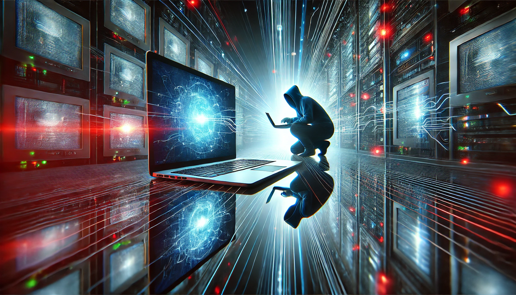 dall·e 2025-02-14 15.21.38 - a photorealistic depiction of a computer hacking another computer, representing cybersecurity threats. the scene shows a sleek, modern laptop attempti.webp