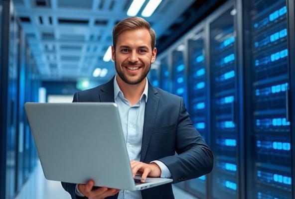 IT consultant with laptop and server equipment