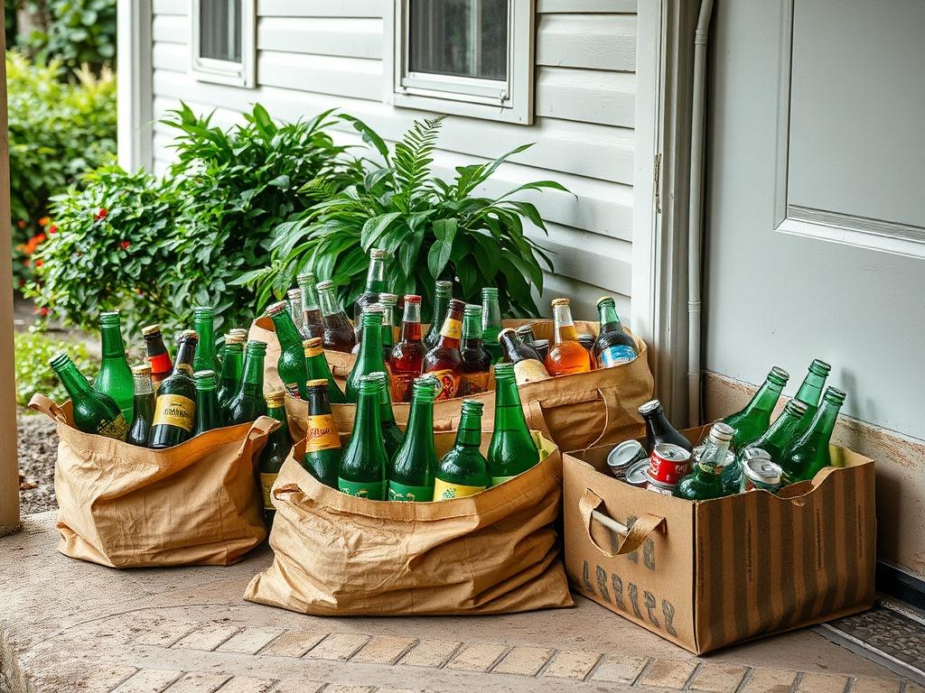 A neatly arranged collection of bottles and cans in bags and boxes, placed on a porch or alongside a house, with greenery in the background, showcasing a clean and organized setup.