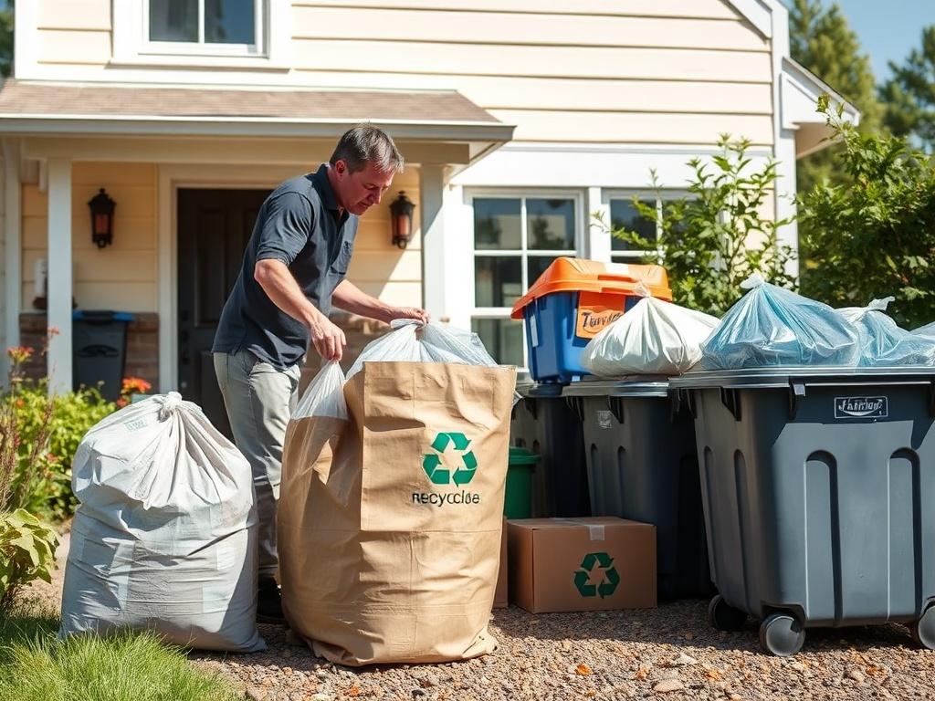 A person placing bags and boxes of recyclable containers outside their home, with a clear view of the house and a bright, sunny environment.