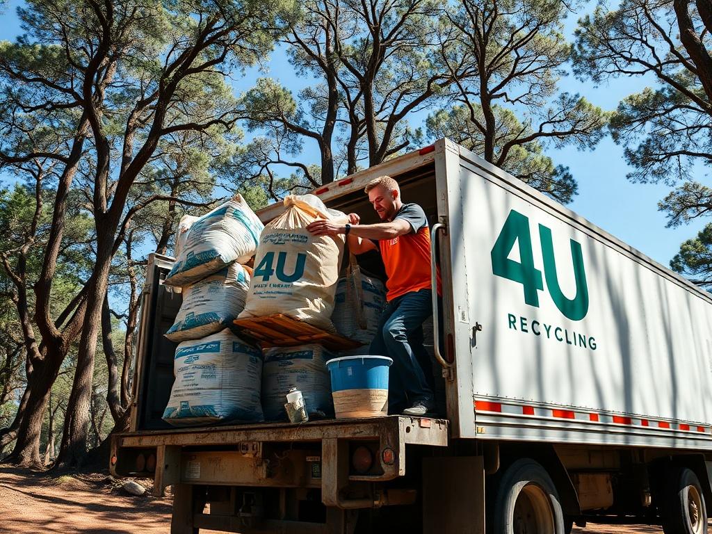 A team member from 4 U Recycling loading bags of recyclable containers into a truck, surrounded by trees and a bright blue sky, illustrating teamwork and environmental responsibility.