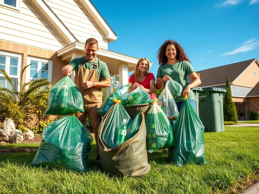 A high resolution of a cheerful recycling team collecting bags