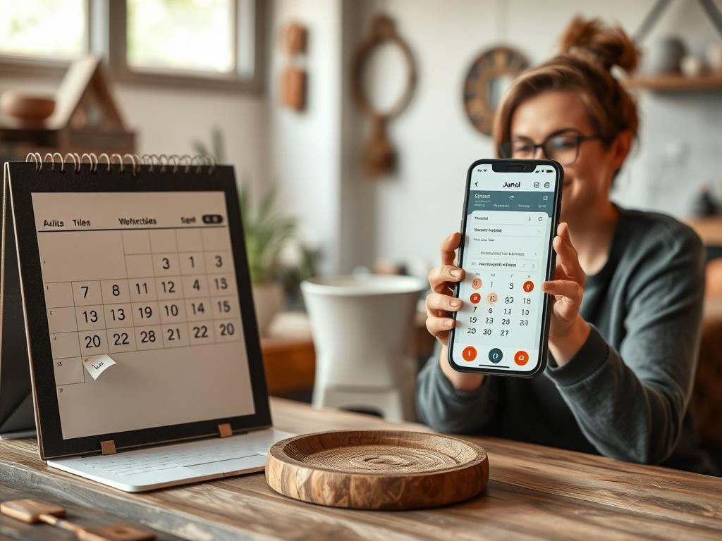 A calendar with marked dates, a phone displaying a scheduling