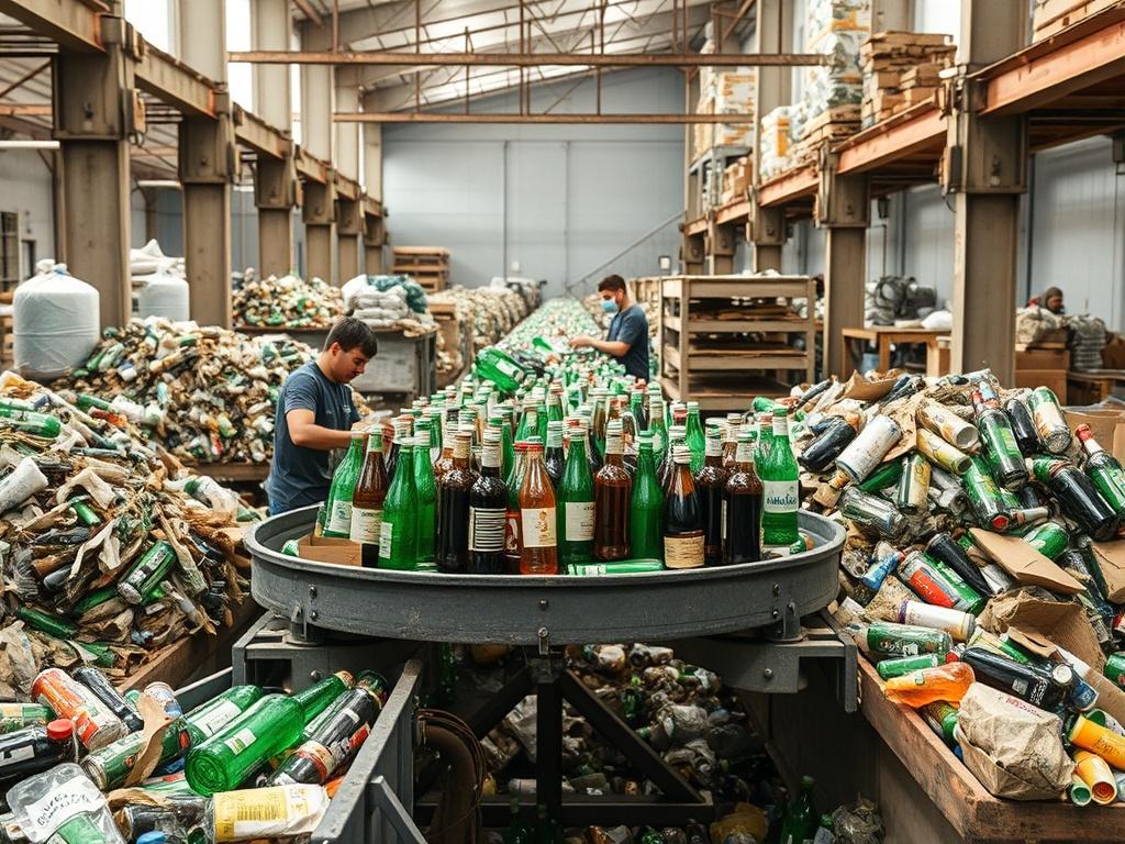 An image of a recycling facility with workers sorting bottles