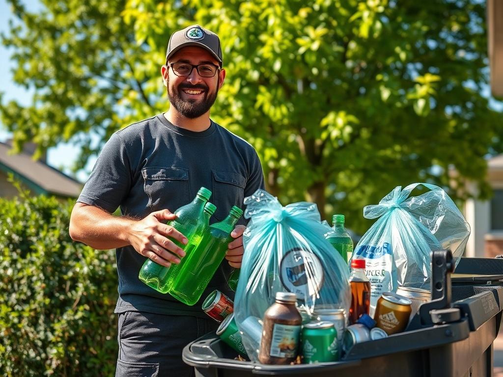 A high-resolution image of a friendly recycling crew member collecting bags of recyclable bottles and cans from a residential home in a picturesque Comox Valley neighborhood. The background features lush green trees and a clear blue sky, reflecting a clean and eco-friendly environment. The crew member is smiling and wearing a branded uniform, showcasing a sense of community and commitment to sustainability.