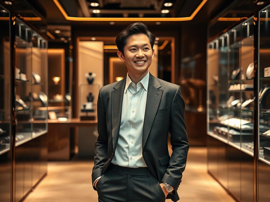 **AI Image Generation Prompt:**

Create a realistic high-resolution image that encapsulates the mission of Youngvash Luxury Enterprise Limited. The central subject should be an elegant, well-dressed individual (preferably a professional in luxury fashion or lifestyle) standing confidently in a sophisticated, high-end boutique setting that showcases luxury products. The individual is looking slightly to the side with a warm, welcoming smile, exuding a sense of elegance and sophistication.

The background sho