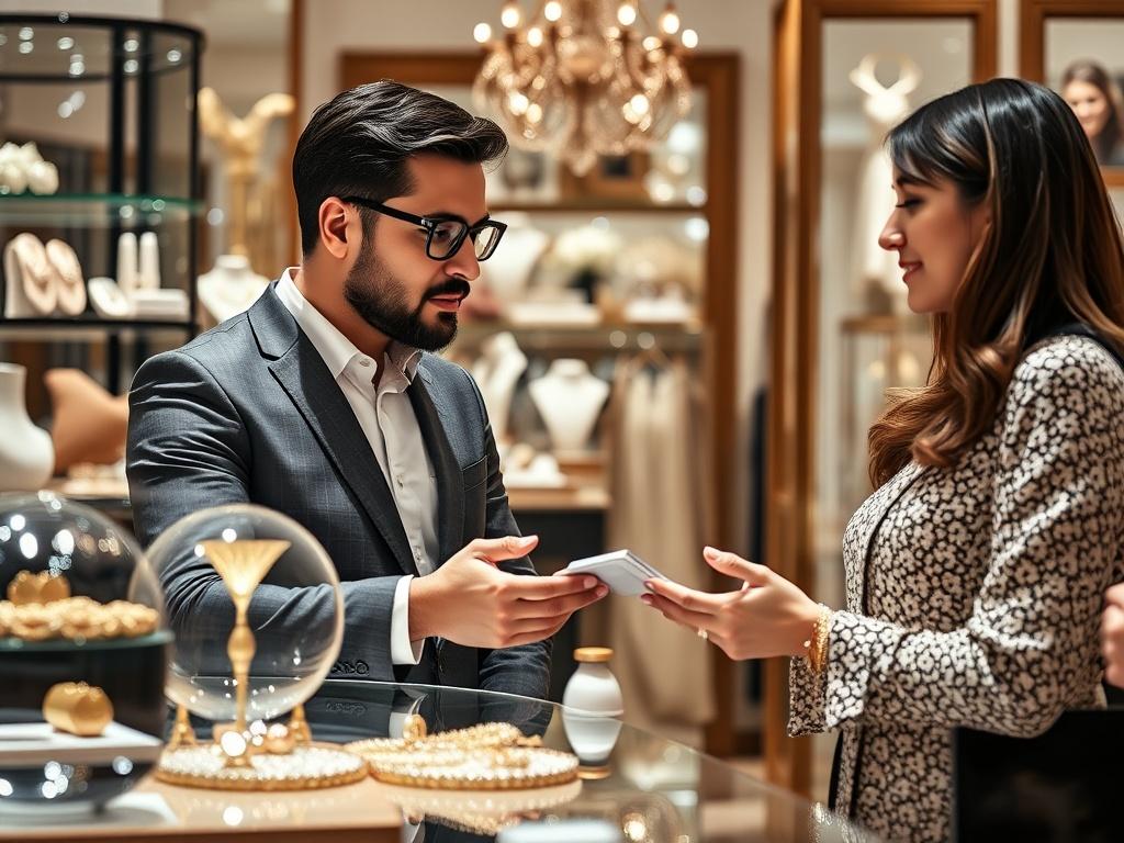 A high-resolution image of a luxury product consultant engaging with a client. The setting is upscale, showcasing a variety of luxury items including jewelry, fashion, and home decor. The consultant is providing insights while the client looks intrigued and interested. The background is elegant, highlighting a sophisticated shopping environment.