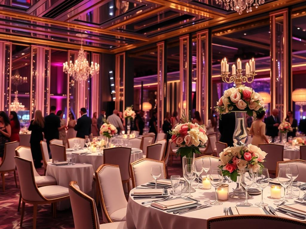 A vibrant high-resolution image of an elegantly decorated event space, showcasing luxurious table settings and ambient lighting. The scene includes guests mingling, enjoying the atmosphere, and a beautifully arranged dining table with exquisite floral arrangements. The setting conveys sophistication and elegance, capturing the essence of an exclusive luxury event.