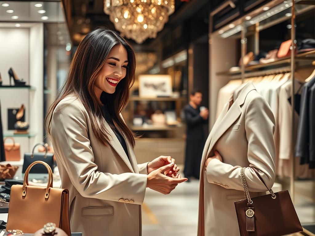 A high-resolution photo of a luxury shopping consultant assisting a client in a stylish boutique. The setting is elegant, showcasing high-end fashion items and accessories. The consultant is dressed in chic attire, smiling and offering a personalized selection of items. The background should be tasteful and sophisticated, reflecting a premium shopping atmosphere.