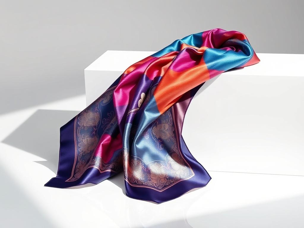 A beautifully designed silk scarf draped elegantly on a minimalist