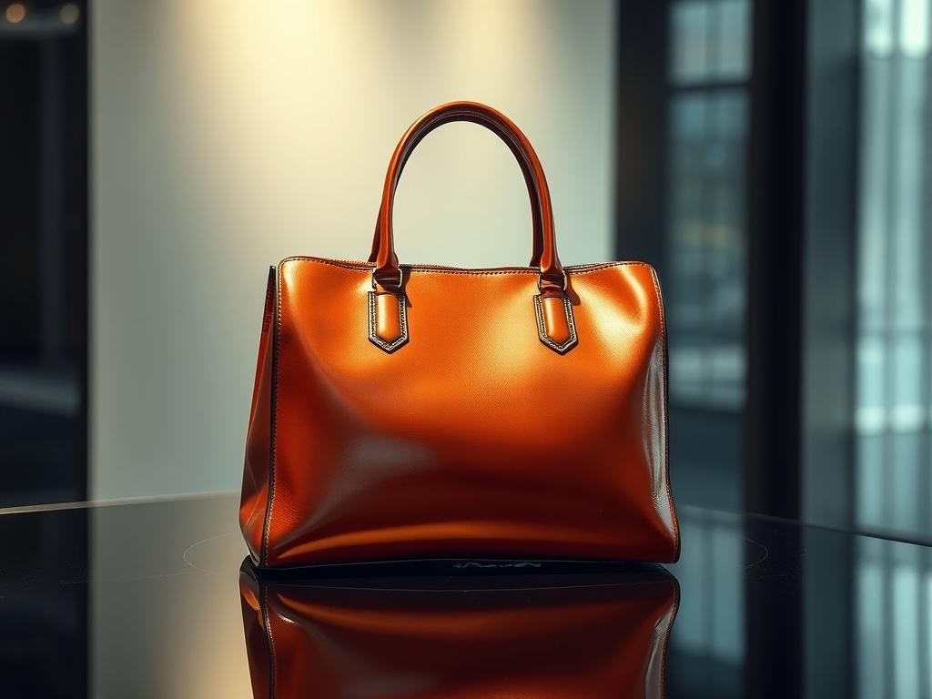 A luxurious leather handbag displayed on a glossy surface, reflecting