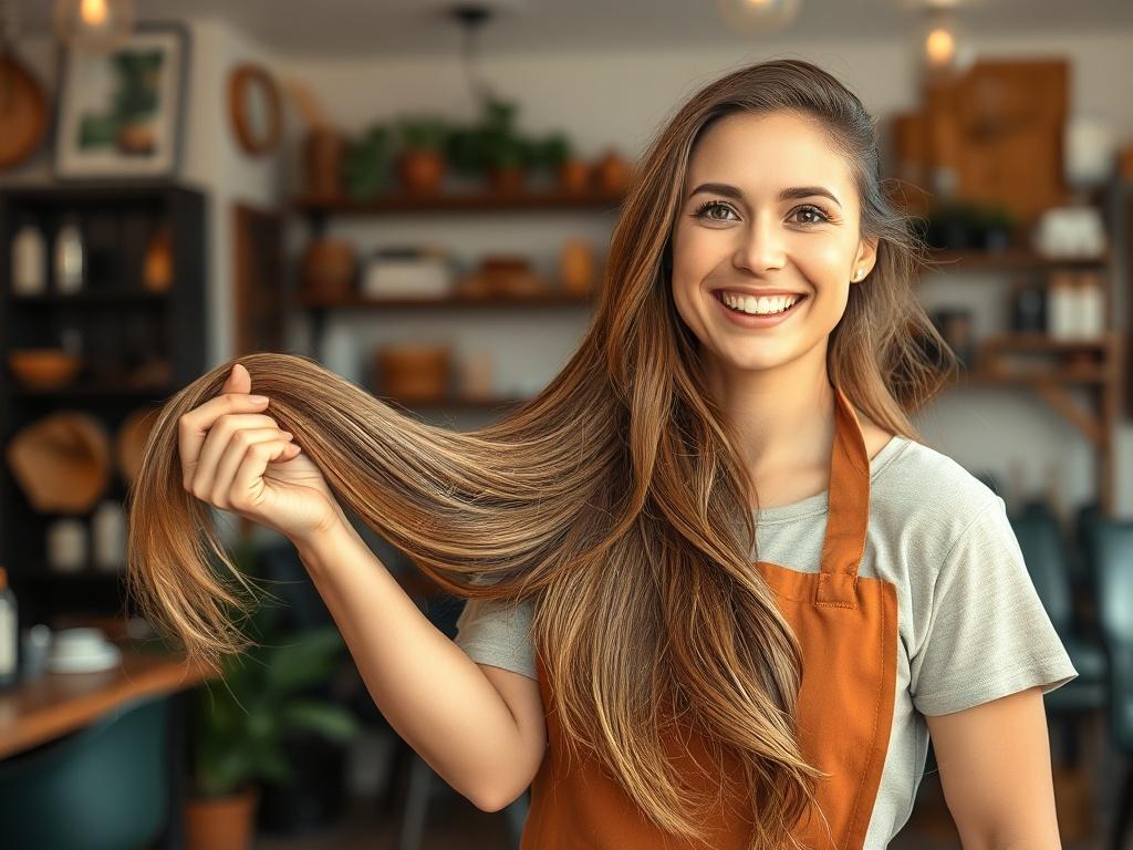 A cheerful hairdresser holding a bunch of long hair, smiling broadly with a backdrop of a cozy salon. The scene is warm and inviting, with earthy textures and natural tones, embodying a rustic aesthetic.