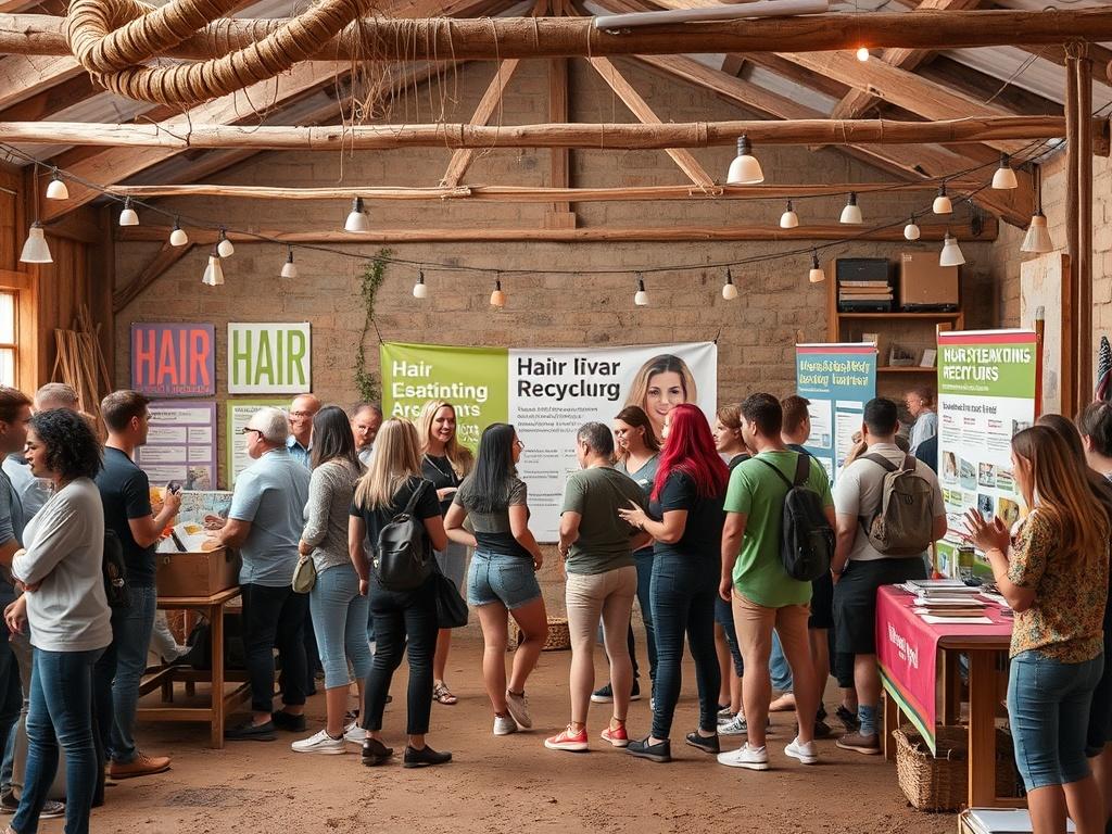 A group of enthusiastic people gathered at a community event, sharing information about hair recycling, with colorful banners and engaging displays. The atmosphere is lively and inviting, showcasing a commitment to community and awareness.