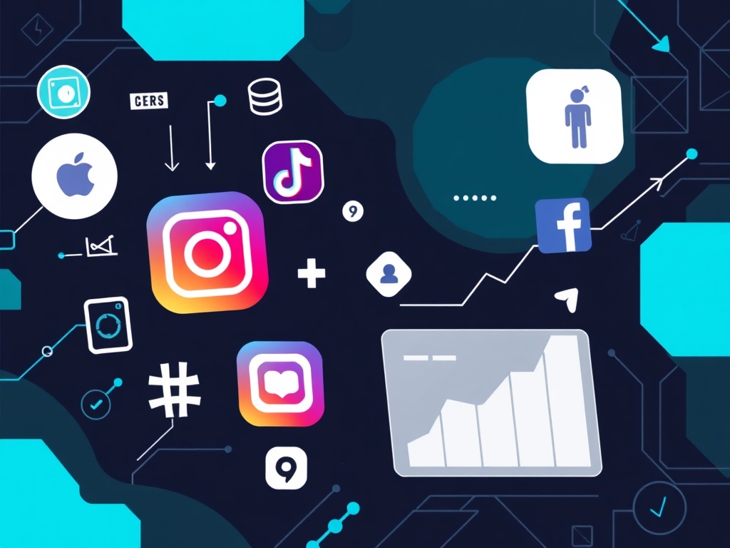 Social media management illustration showing content creation and engagement analytics