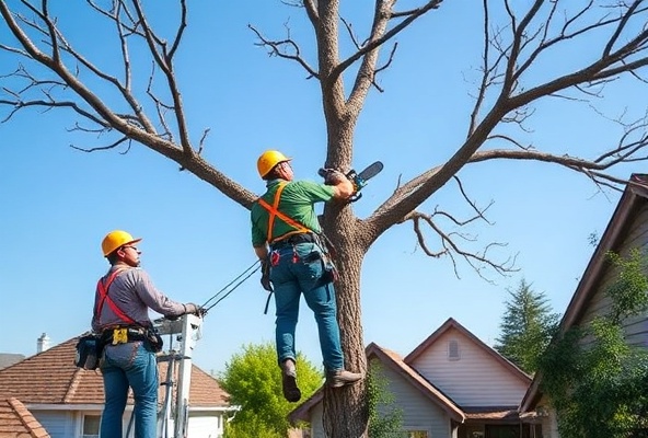 Professional tree trimming crew at work