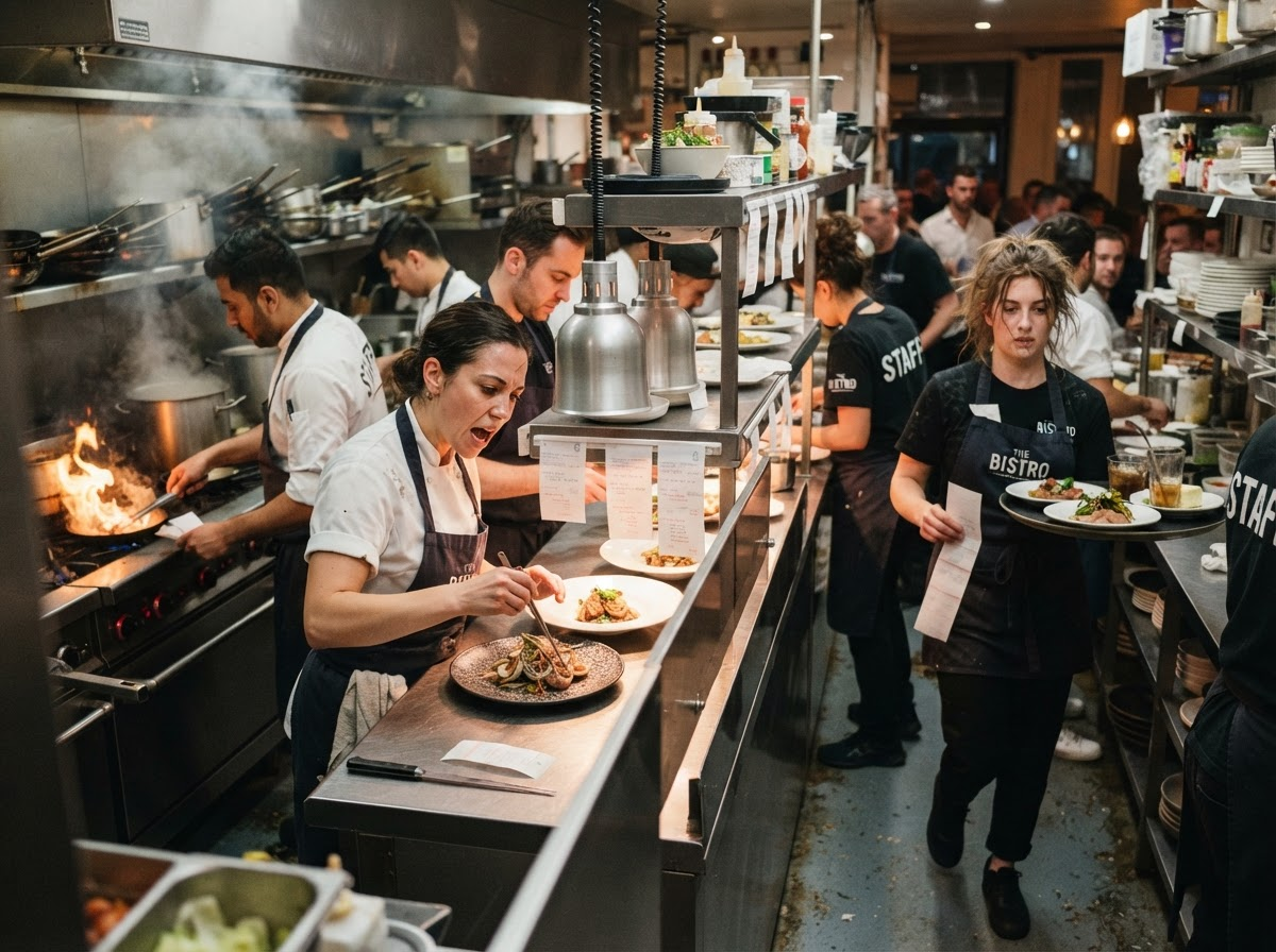 Busy hospitality service - workers managing rush hour stress