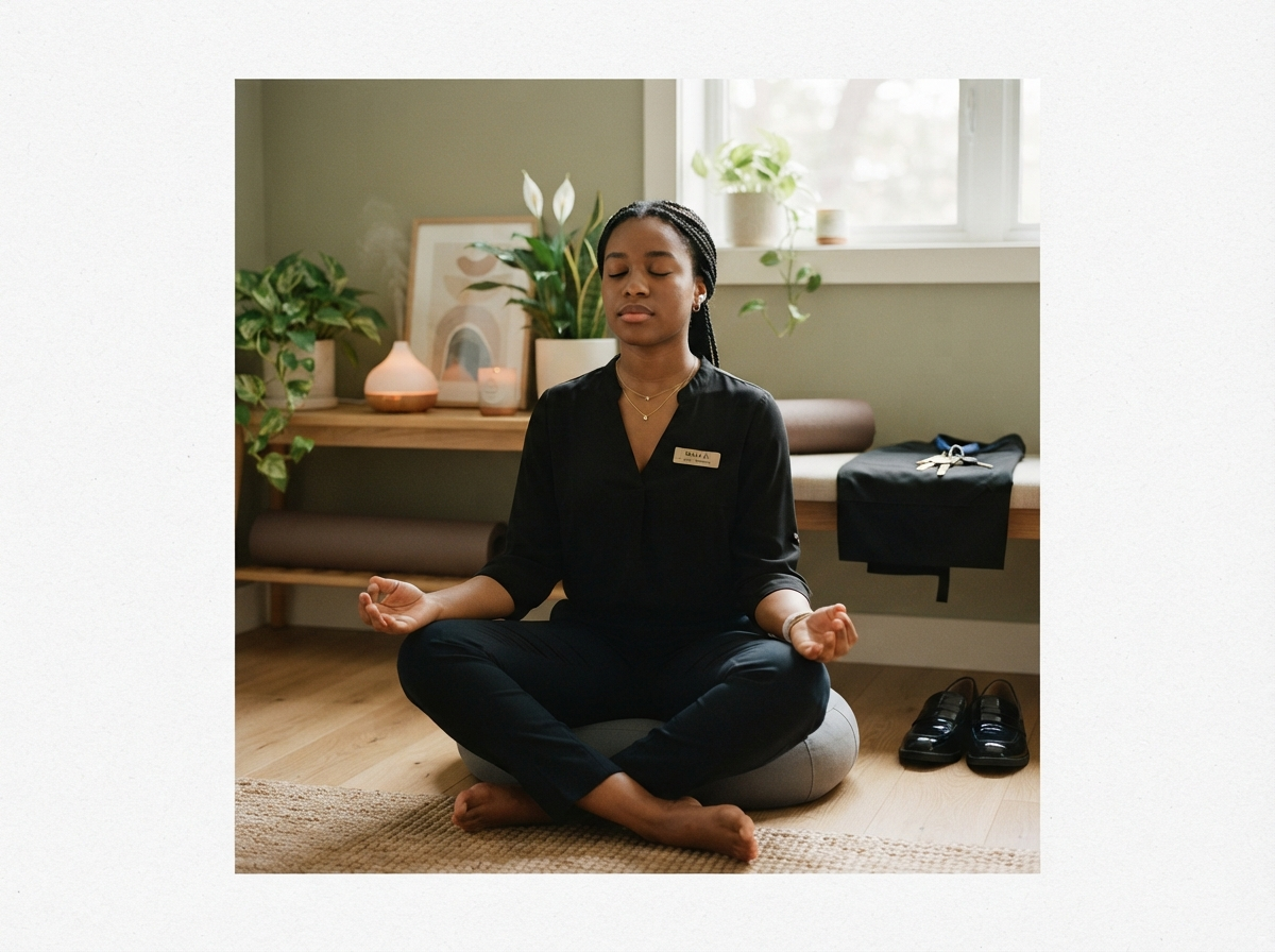 Hospitality worker preparing and grounding before their shift