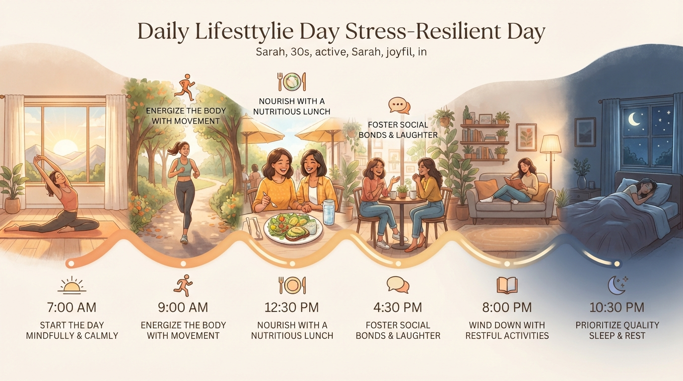A visual timeline of a stress-resilient day from morning to evening