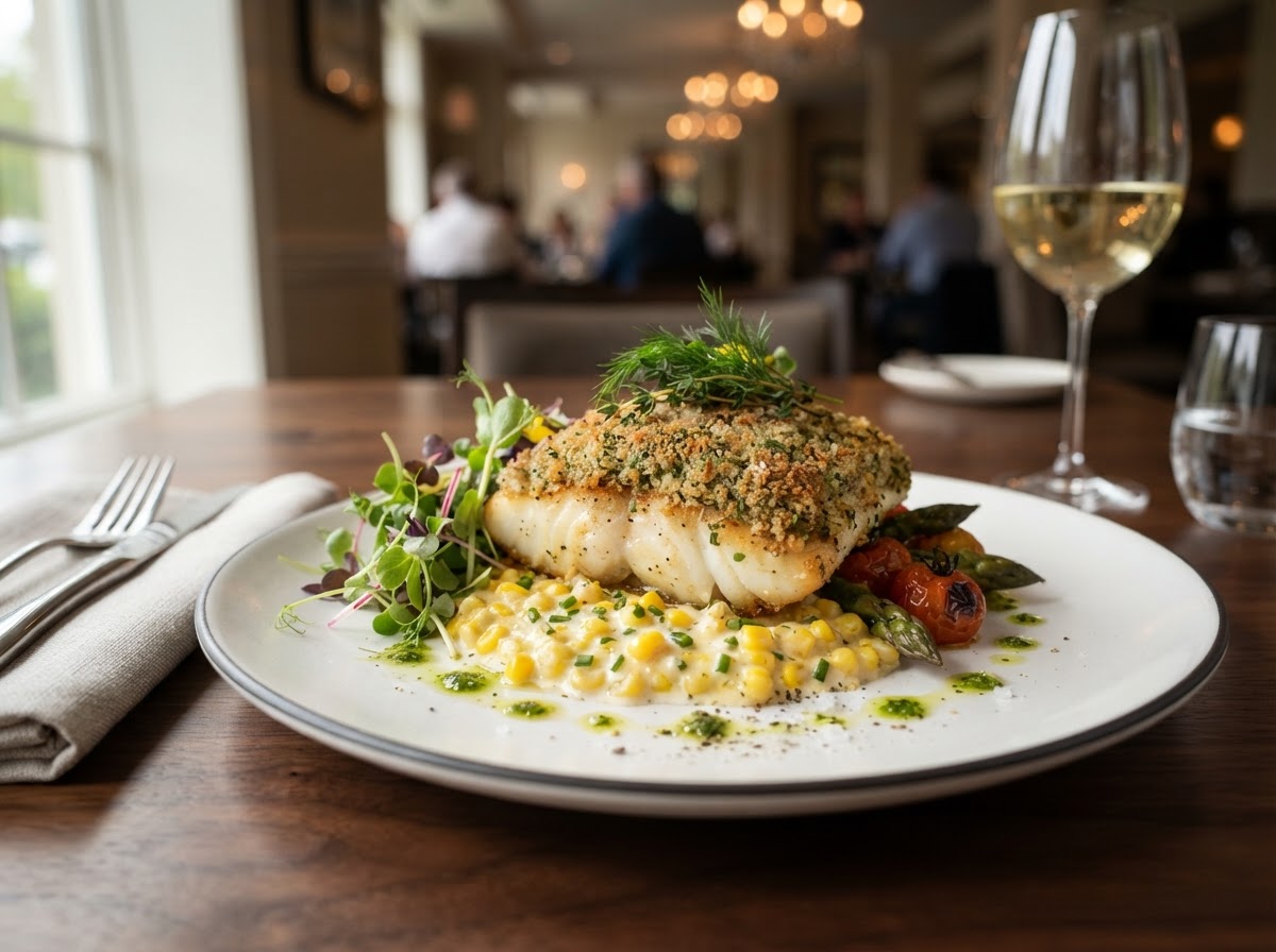 Herb-Crusted Halibut with Creamed Corn