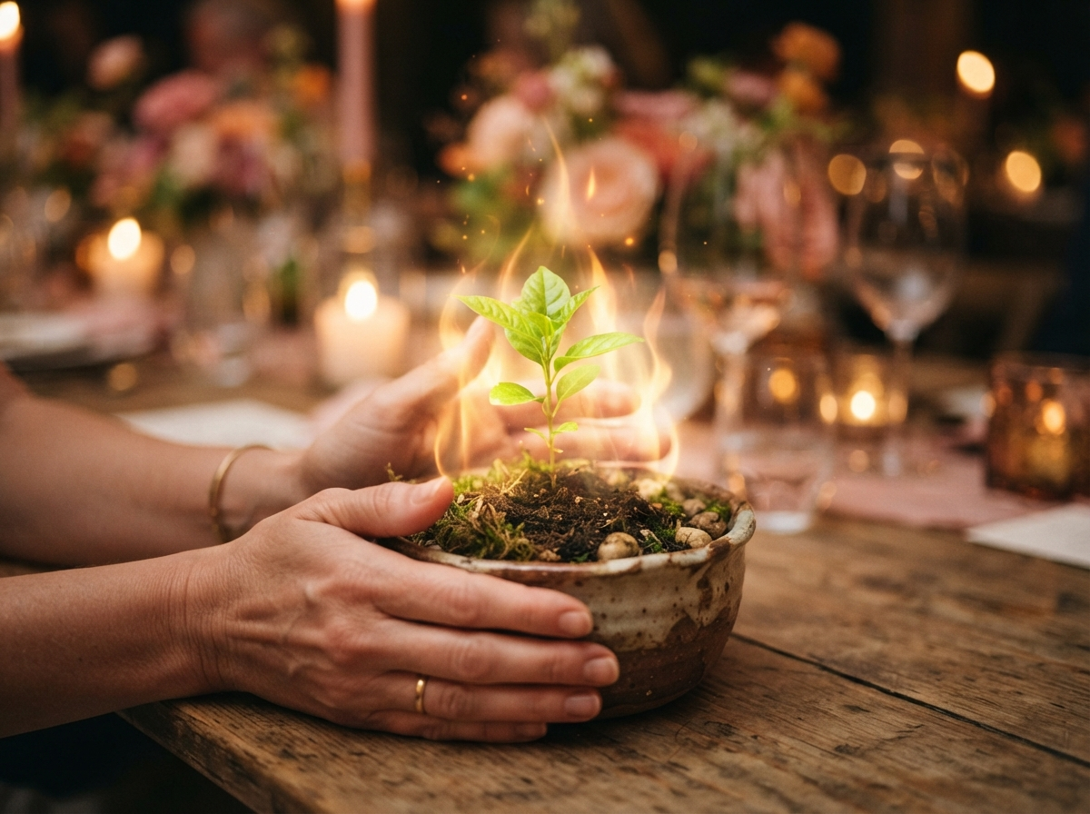 Hands nurturing a growing plant
