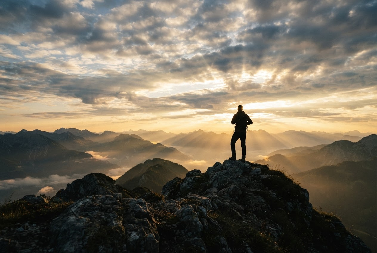 Recovery breakthrough - silhouette standing at mountain peak at sunrise, representing strength and new beginning