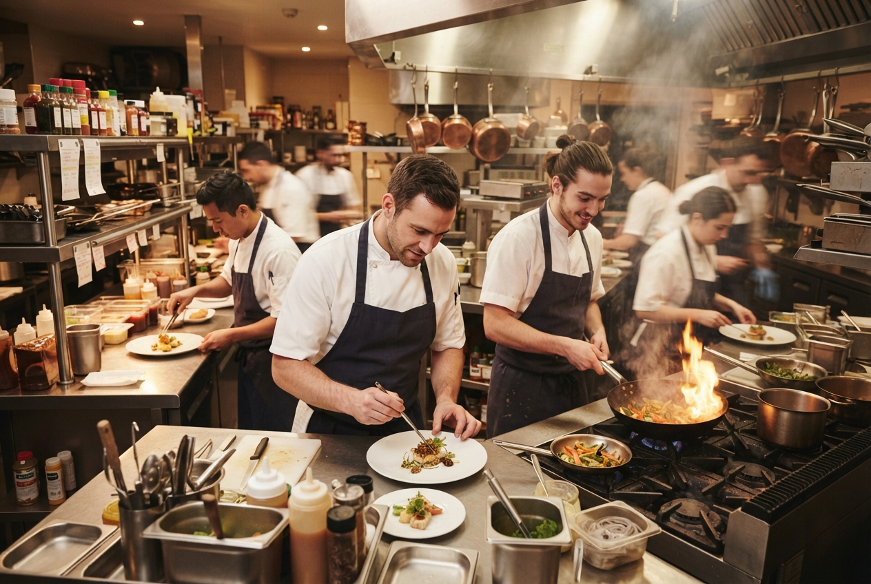 Professional hospitality team working together with precision and discipline
