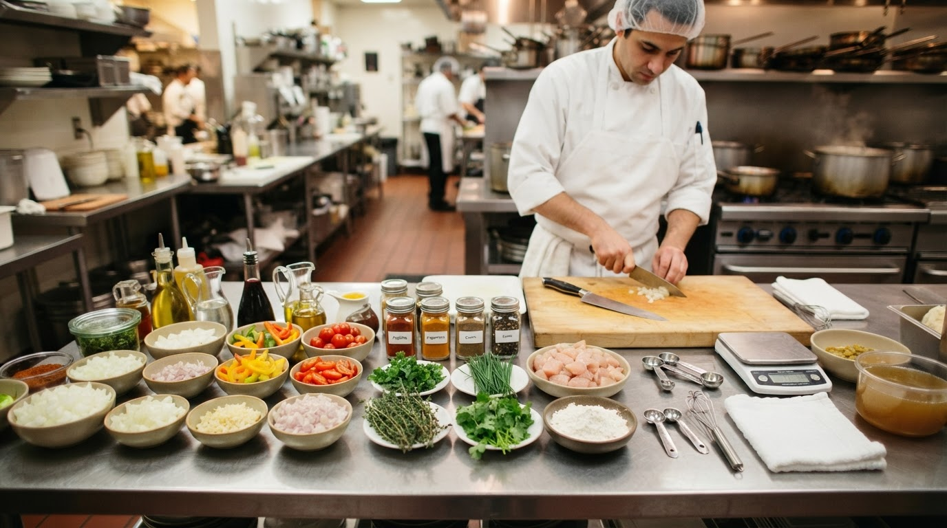 Mise en place recovery setup with perfectly organized ingredients and preparation