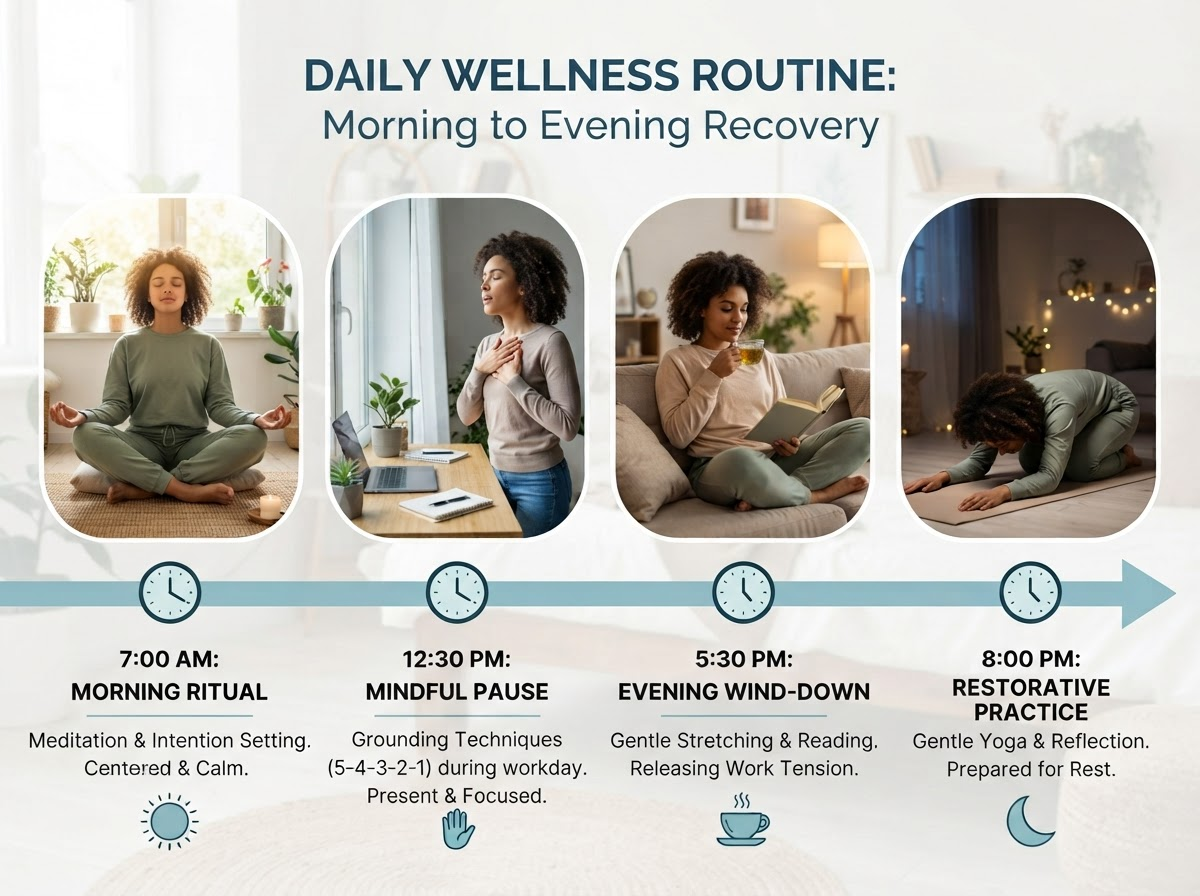 Daily wellness routine timeline from morning through evening