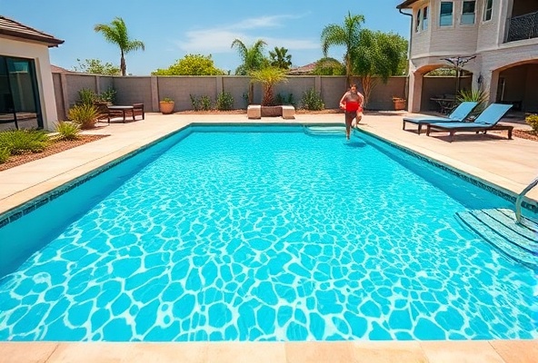 Crystal clear swimming pool in a beautiful backyard