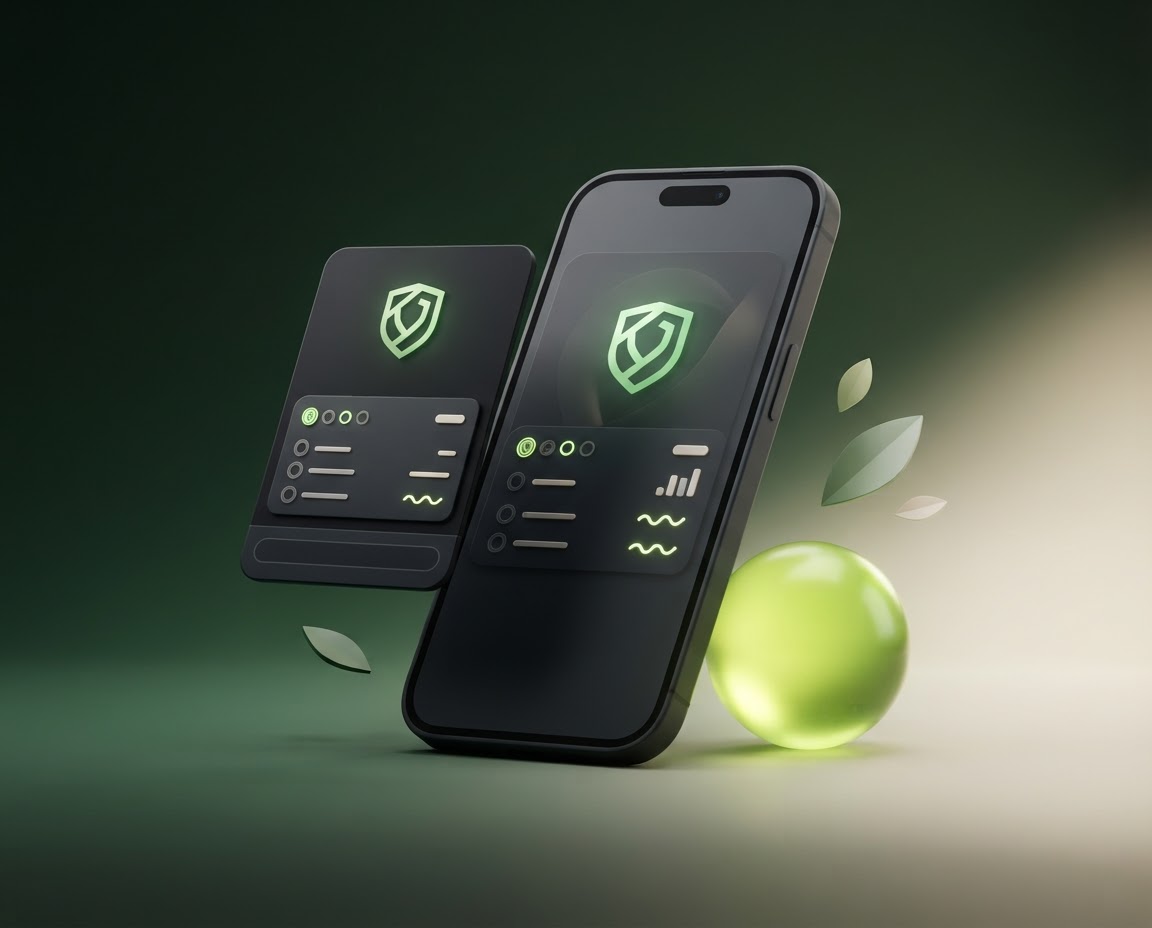 A dark smartphone and browser wallet panel floating among soft green abstract shapes
