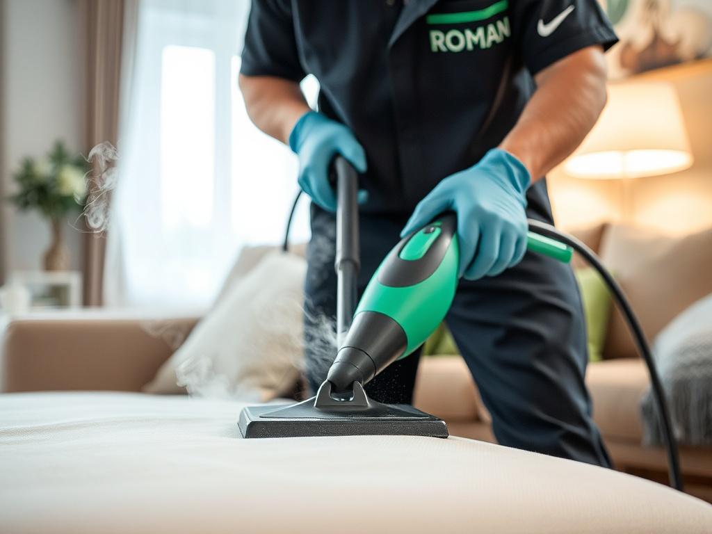 A close-up shot of a professional cleaner using a steam cleaner on a sofa, showcasing the steam and the texture of the fabric. The cleaner should be focused on the task, wearing gloves and a uniform, with a clean, well-lit living room background. The color scheme should include shades of green and white, in line with the branding of ROMAN Reinigung & Hausmeisterservice.