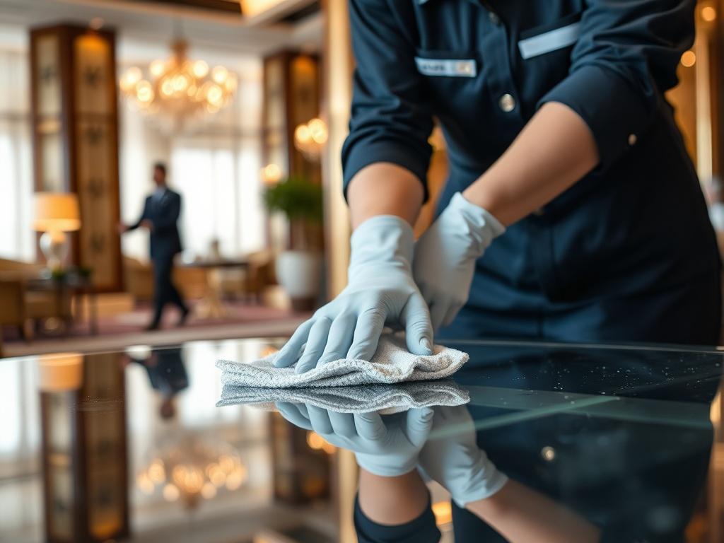 A realistic close up of a professional cleaner in a