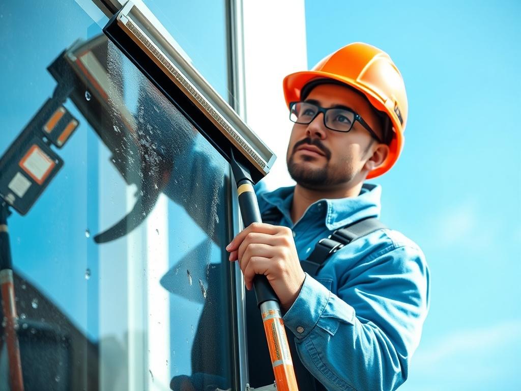 A high resolution close up of a professional window cleaner