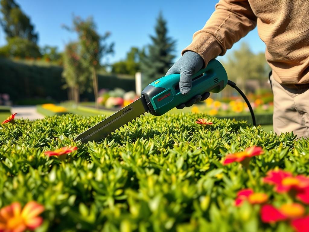 A vibrant close up of a gardener trimming a hedge