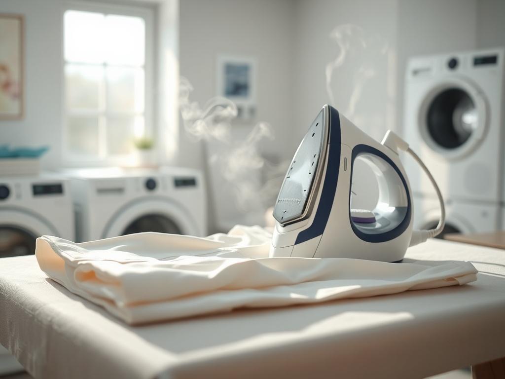 A highly detailed, realistic high-resolution photo of a professional ironing service. The scene showcases a neatly arranged ironing board with a crisp, freshly ironed shirt laid out. The background should be a bright, clean laundry room with natural light streaming in, emphasizing cleanliness and professionalism. The focus should be on the shirt, with steam rising gently from the iron, showcasing the attention to detail and quality of the service.