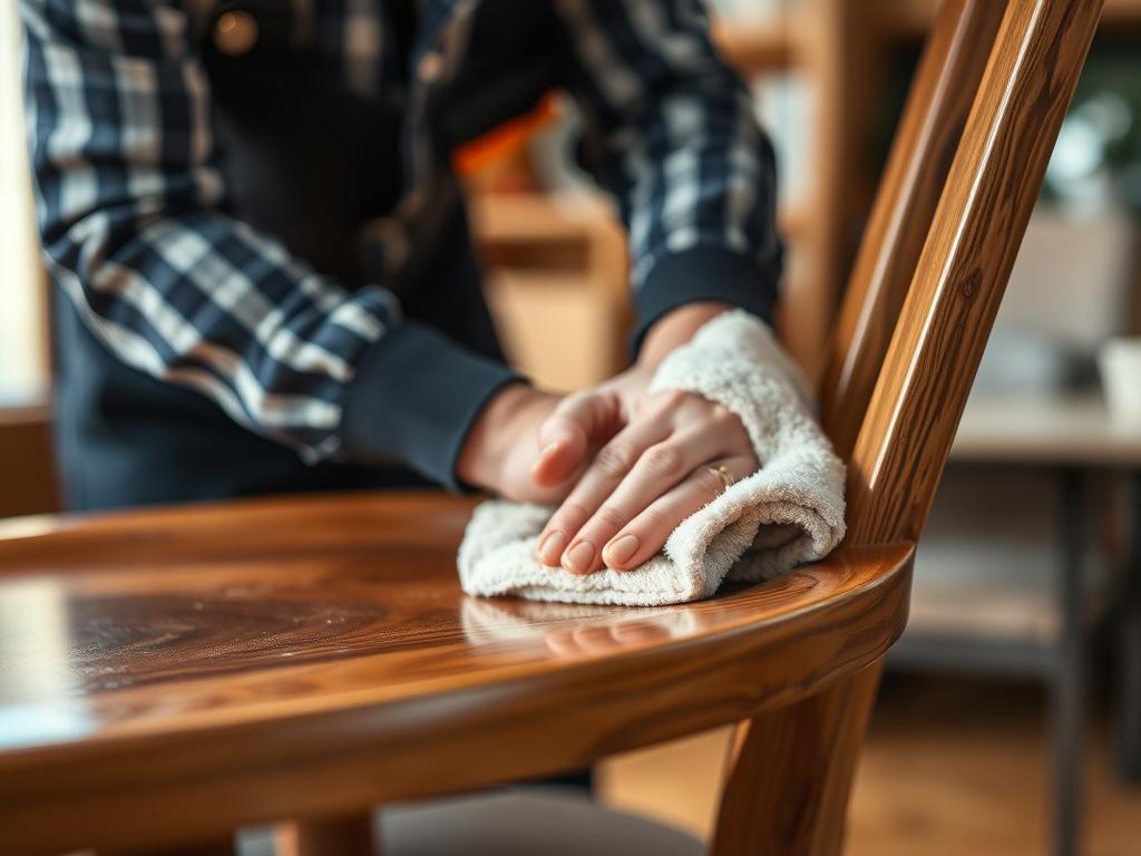 A hyper-realistic close-up shot of a professional cleaning technician gently cleaning a wooden chair with a soft cloth, showcasing the shine on the surface. The background is softly blurred to emphasize the technician and the chair, with a warm and inviting atmosphere. The scene should convey professionalism and meticulous attention to detail, capturing the essence of furniture cleaning and repair services.