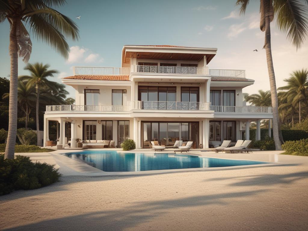 A high resolution image of a luxurious beachfront villa, showcasing