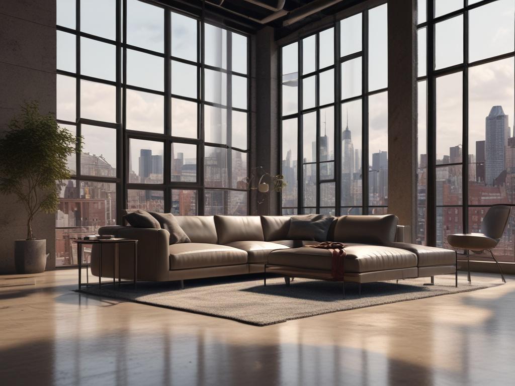 A modern urban loft interior with sleek furniture and floor-to-ceiling windows, showing a cityscape in the background. The image is a close-up shot with a 45mm f/1.2 lens style, highlighting contemporary design and natural light.