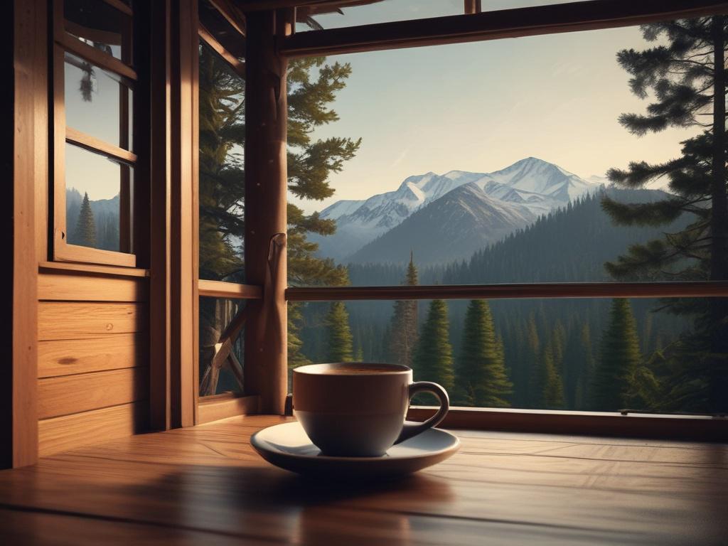 A cozy mountain cabin surrounded by tall pine trees, featuring a wooden deck with a coffee cup and a view of distant mountains. The image is a close-up shot with a 45mm f/1.2 lens style, capturing the serene and natural atmosphere.