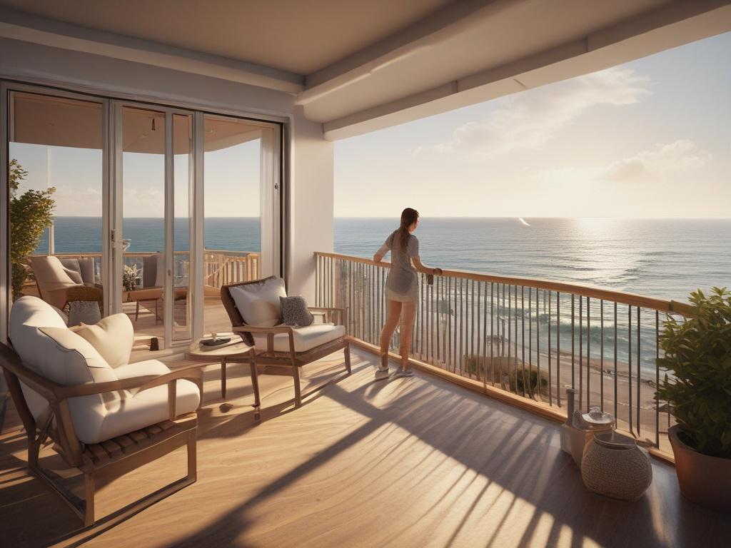 A cozy, sunlit family home overlooking the ocean, featuring a bright balcony with comfortable seating, captured in a close-up shot with a 45mm f/1.2 lens style. The background shows a clear blue sky and gentle waves, emphasizing a peaceful beach vibe.