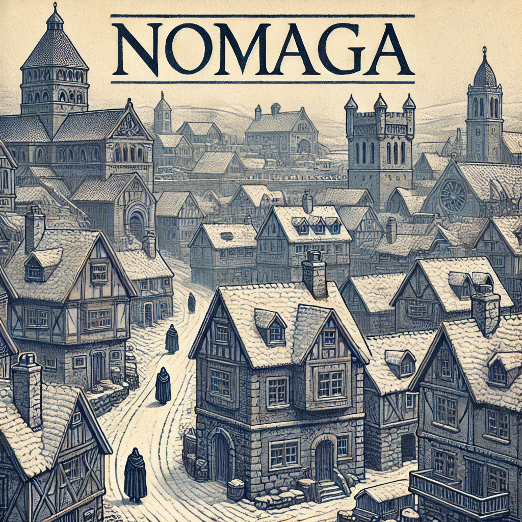 dall·e 2024-08-16 22.08.55 - a detailed illustration of a medieval town covered in snow. the town should feature stone buildings with snow-covered roofs, narrow cobblestone street.webp