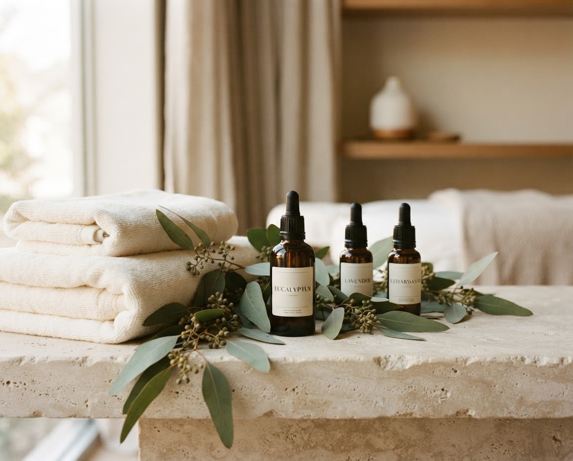Soft towels and fresh eucalyptus in the treatment room