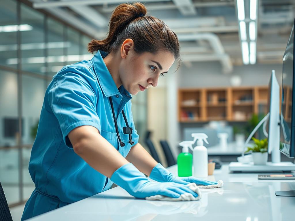 A hyper-realistic close-up shot of a professional cleaner in action, using eco-friendly cleaning products in an office space. The cleaner is wearing a uniform and focused on wiping a desk with a cloth. The background shows sparkling clean surfaces and a well-organized workspace. The lighting is bright and inviting, emphasizing cleanliness and professionalism. The image should have a simple and clear composition, with a focus on the cleaner and the clean environment, captured with a 45mm f/1.2 lens.