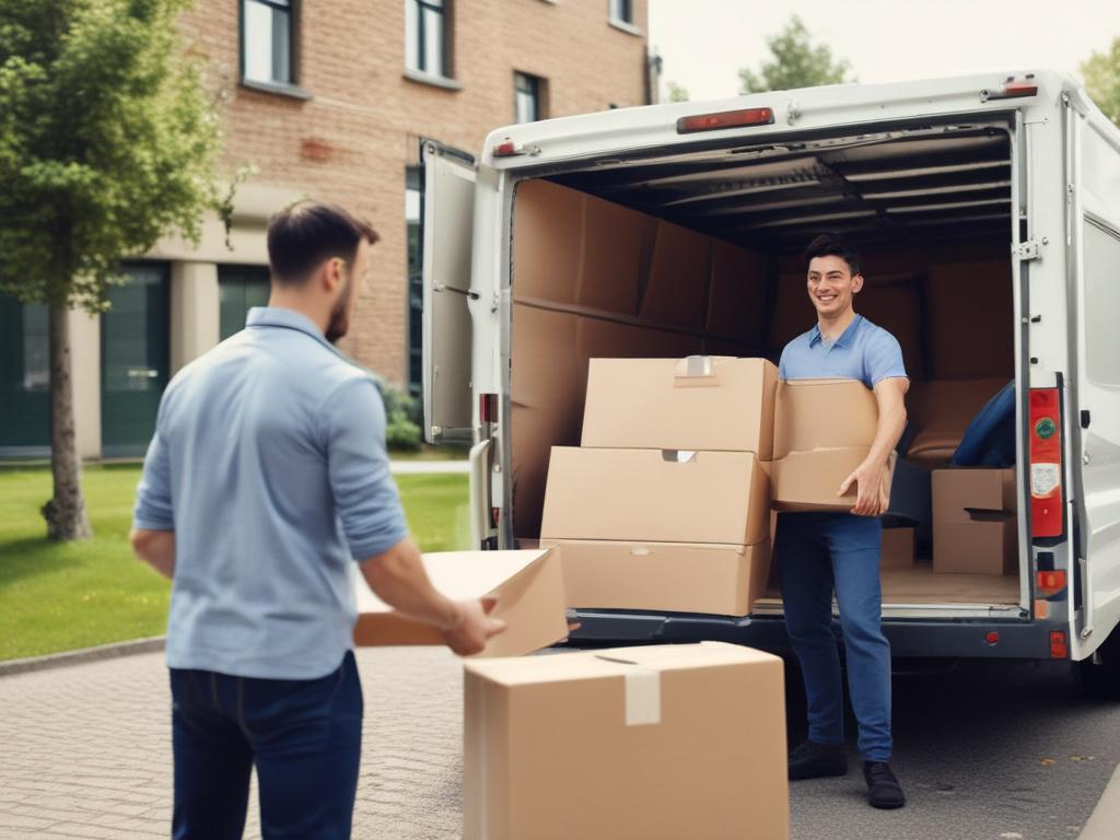 A highly detailed image of a professional moving team carefully